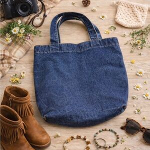 Denim Mini Tote 100% Cotton Jean Boho Small Everyday Carry Beach Vacation Bag